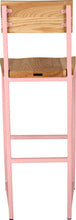Load image into Gallery viewer, Pink metal stool with back with natural stain ash wood made in UK - back view square frame
