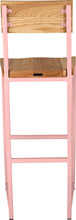 Load image into Gallery viewer, Pink metal stool with back with natural stain ash wood made in UK - back view square frame
