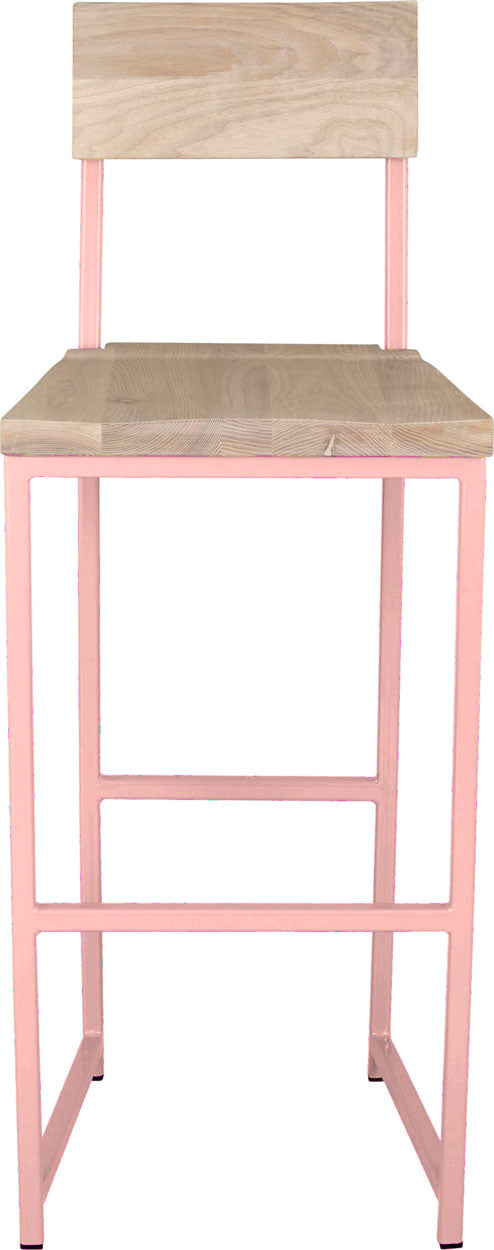 Pink metal stool with back with whitewash stain ash wood made in UK - front view square frame