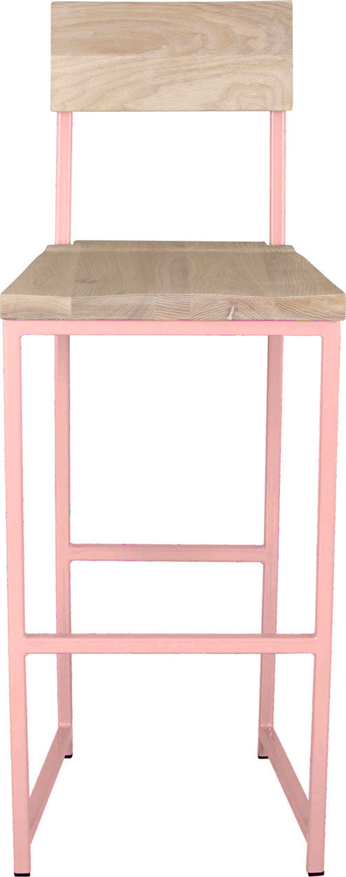 Pink metal stool with back with whitewash stain ash wood made in UK - front view square frame