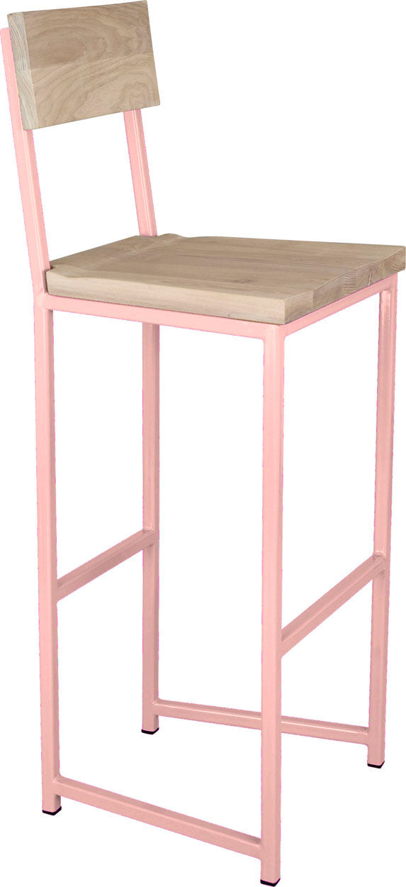 Pink metal stool with back with whitewash stain ash wood made in UK - angle view square frame