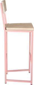Pink metal stool with back with whitewash stain ash wood made in UK - side view square frame