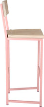 Load image into Gallery viewer, Pink metal stool with back with whitewash stain ash wood made in UK - side view square frame
