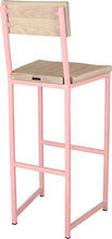 Load image into Gallery viewer, Pink metal stool with back with whitewash stain ash wood made in UK - back side view square frame
