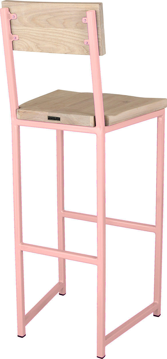 Pink metal stool with back with whitewash stain ash wood made in UK - back side view square frame
