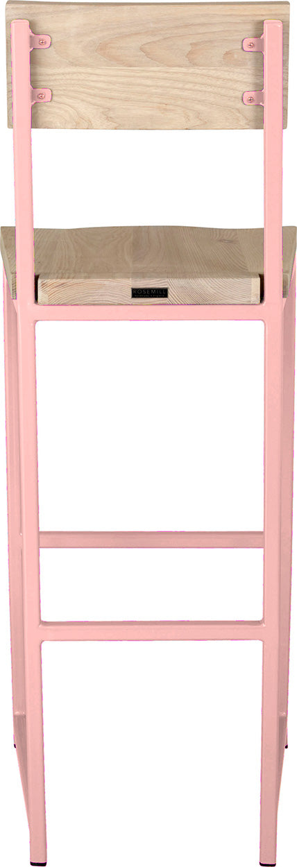 Pink metal stool with back with whitewash stain ash wood made in UK - back view square frame