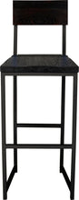 Load image into Gallery viewer, Gloss black metal stool with back with black stain ash wood made in UK - front view square frame
