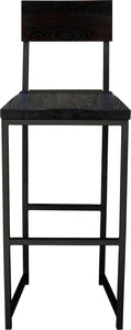 Gloss black metal stool with back with black stain ash wood made in UK - front view square frame