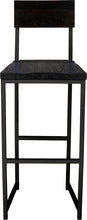 Load image into Gallery viewer, Gloss black metal stool with back with black stain ash wood made in UK - front view square frame
