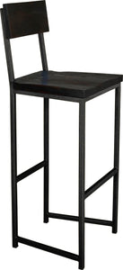 Gloss black metal stool with back with black stain ash wood made in UK - angle view square frame