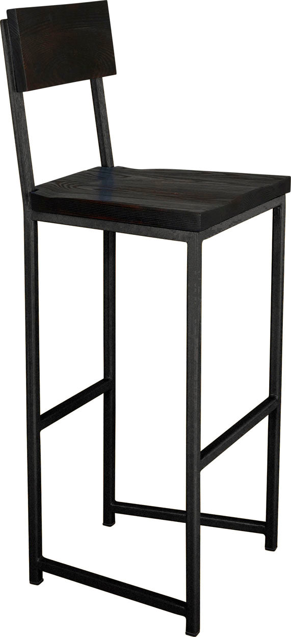 Gloss black metal stool with back with black stain ash wood made in UK - angle view square frame