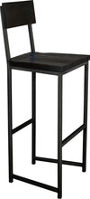 Load image into Gallery viewer, Gloss black metal stool with back with black stain ash wood made in UK - angle view square frame
