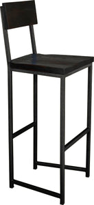 Gloss black metal stool with back with black stain ash wood made in UK - angle view square frame
