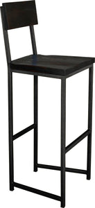 Gloss black metal stool with back with black stain ash wood made in UK - angle view square frame