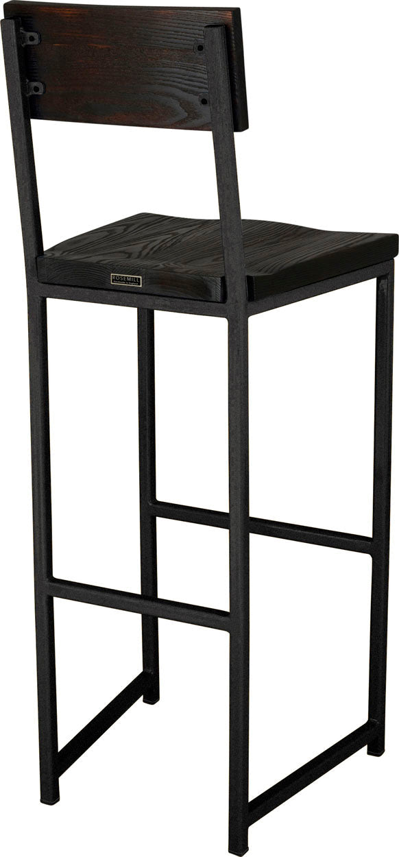 Gloss black metal stool with back with black stain ash wood made in UK - back side view square frame