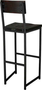 Gloss black metal stool with back with black stain ash wood made in UK - back side view square frame