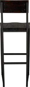 Gloss black metal stool with back with black stain ash wood made in UK - back view square frame