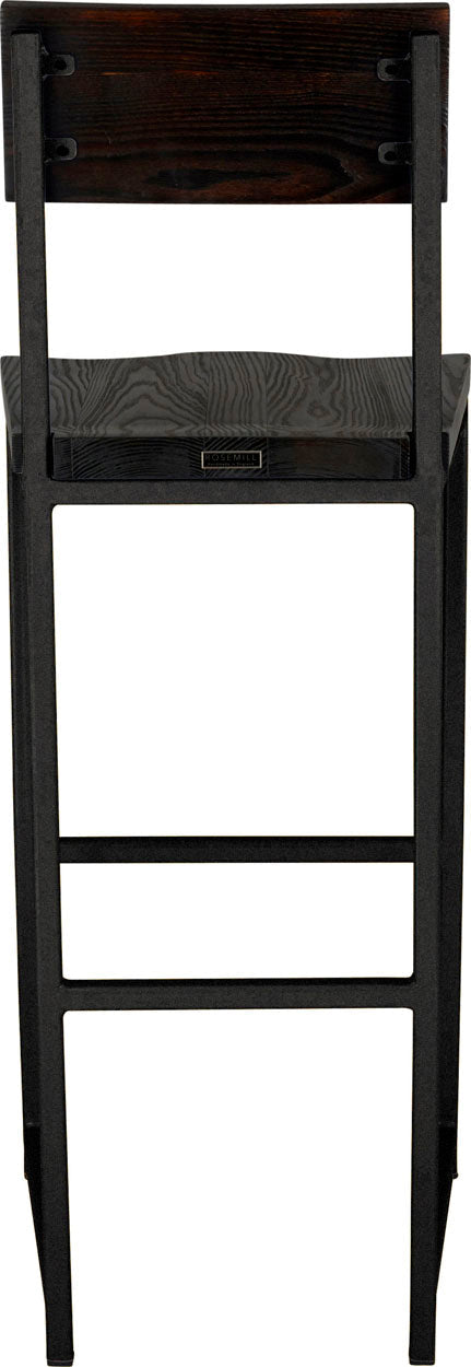 Gloss black metal stool with back with black stain ash wood made in UK - back view square frame