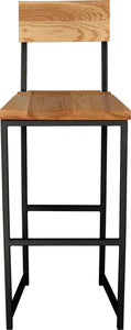 Gloss black metal stool with back with natural stain ash wood made in UK - front view square frame