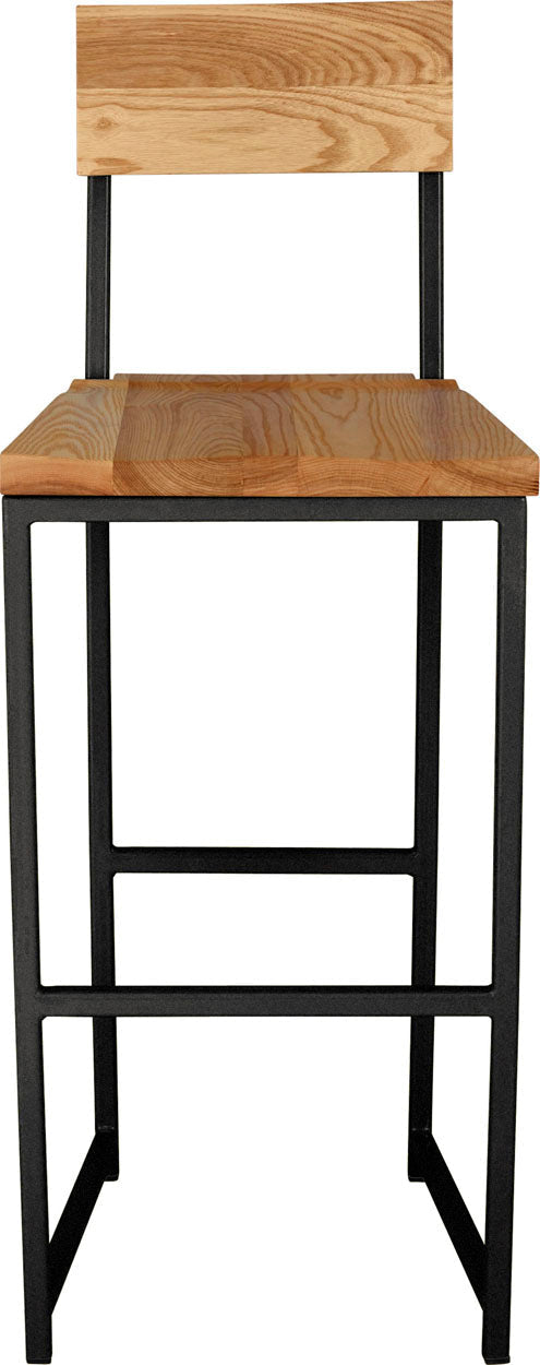 Gloss black metal stool with back with natural stain ash wood made in UK - front view square frame