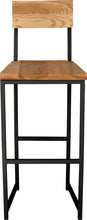 Load image into Gallery viewer, Gloss black metal stool with back with natural stain ash wood made in UK - front view square frame
