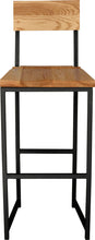 Load image into Gallery viewer, Gloss black metal stool with back with natural stain ash wood made in UK - front view square frame
