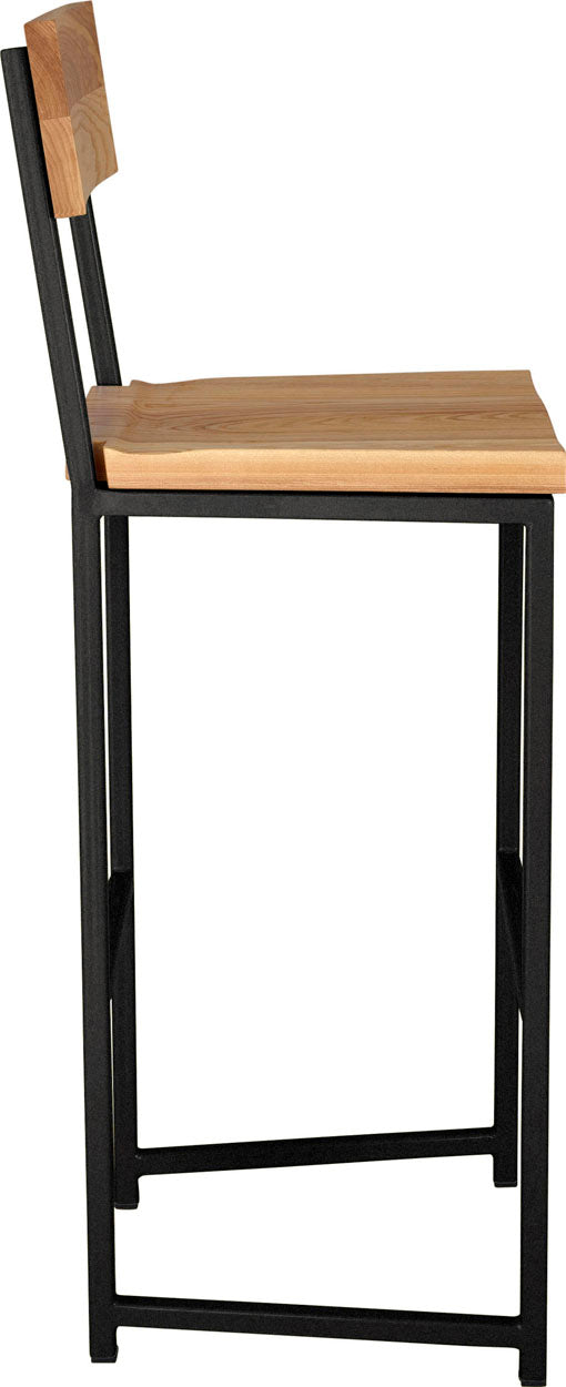Gloss black metal stool with back with natural stain ash wood made in UK - side view square frame