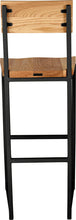 Load image into Gallery viewer, Gloss black metal stool with back with natural stain ash wood made in UK - back view square frame
