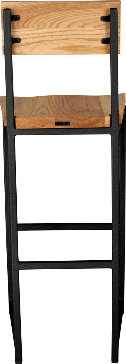 Gloss black metal stool with back with natural stain ash wood made in UK - back view square frame