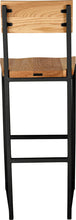 Load image into Gallery viewer, Gloss black metal stool with back with natural stain ash wood made in UK - back view square frame
