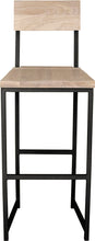 Load image into Gallery viewer, Gloss black metal stool with back with whitewash stain ash wood made in UK - front view square frame
