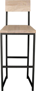 Gloss black metal stool with back with whitewash stain ash wood made in UK - front view square frame