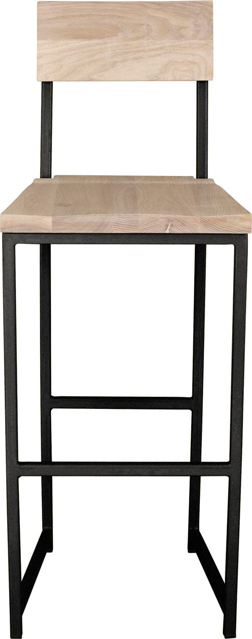 Gloss black metal stool with back with whitewash stain ash wood made in UK - front view square frame