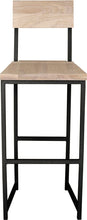 Load image into Gallery viewer, Gloss black metal stool with back with whitewash stain ash wood made in UK - front view square frame

