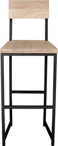 Gloss black metal stool with back with whitewash stain ash wood made in UK - front view square frame