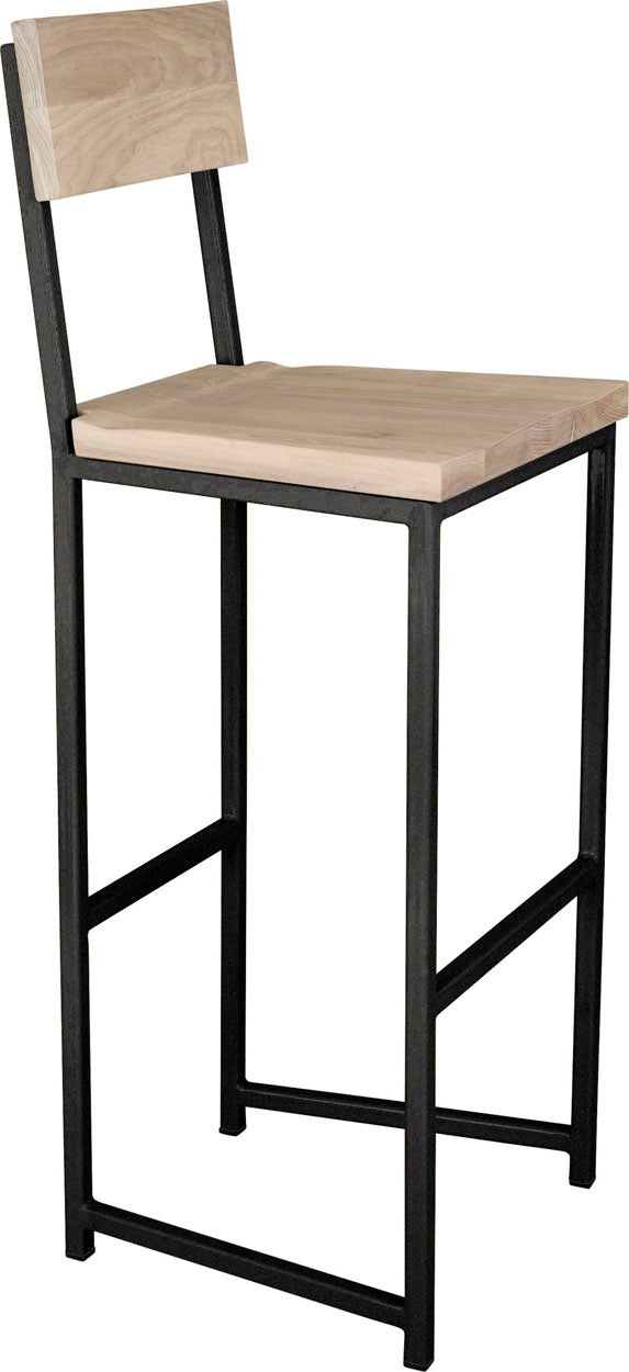Gloss black metal stool with back with whitewash stain ash wood made in UK - angle view square frame