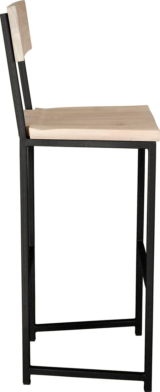 Gloss black metal stool with back with whitewash stain ash wood made in UK - side view square frame