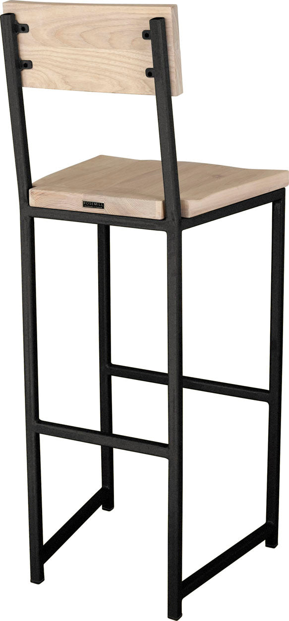 Gloss black metal stool with back with whitewash stain ash wood made in UK - back side view square frame