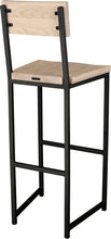 Load image into Gallery viewer, Gloss black metal stool with back with whitewash stain ash wood made in UK - back side view square frame
