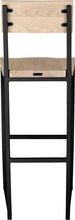 Load image into Gallery viewer, Gloss black metal stool with back with whitewash stain ash wood made in UK - back view square frame

