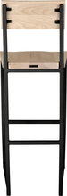 Load image into Gallery viewer, Gloss black metal stool with back with whitewash stain ash wood made in UK - back view square frame
