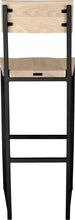 Load image into Gallery viewer, Gloss black metal stool with back with whitewash stain ash wood made in UK - back view square frame
