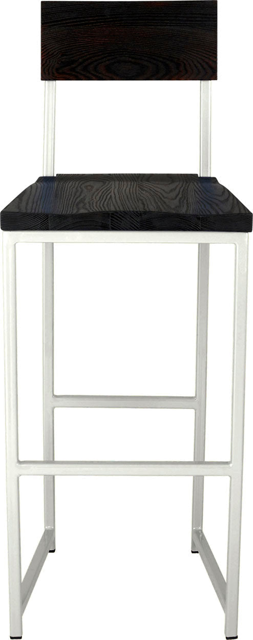 Gloss white metal stool with back with black stain ash wood made in UK - front view square frame