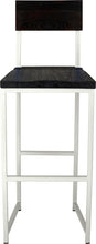 Load image into Gallery viewer, Gloss white metal stool with back with black stain ash wood made in UK - front view square frame
