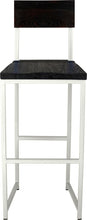 Load image into Gallery viewer, Gloss white metal stool with back with black stain ash wood made in UK - front view square frame
