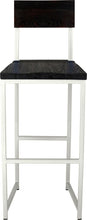 Load image into Gallery viewer, Gloss white metal stool with back with black stain ash wood made in UK - front view square frame
