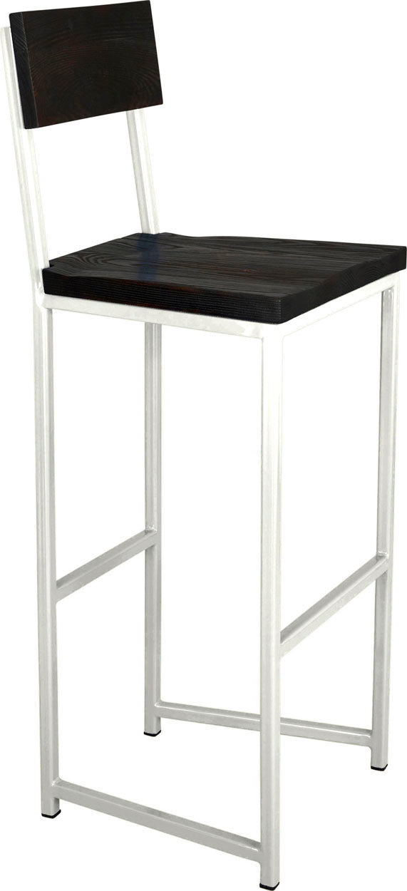 Gloss white metal stool with back with black stain ash wood made in UK - angle view square frame