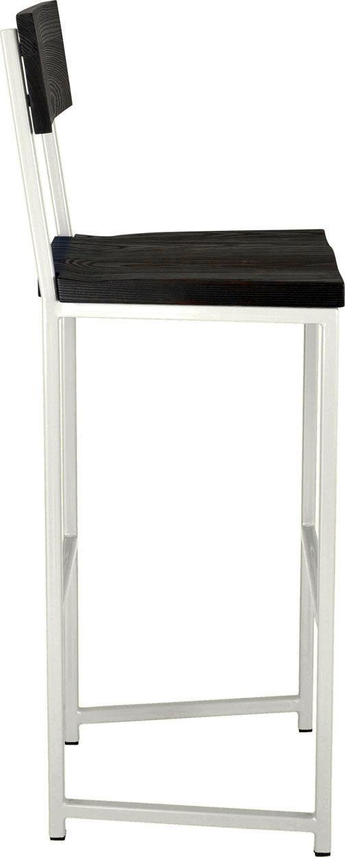 Gloss white metal stool with back with black stain ash wood made in UK - side view square frame