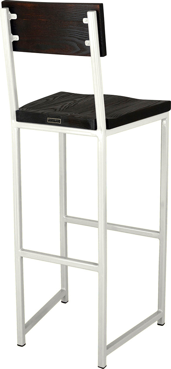 Gloss white metal stool with back with black stain ash wood made in UK - back side view square frame