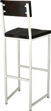 Load image into Gallery viewer, Gloss white metal stool with back with black stain ash wood made in UK - back side view square frame

